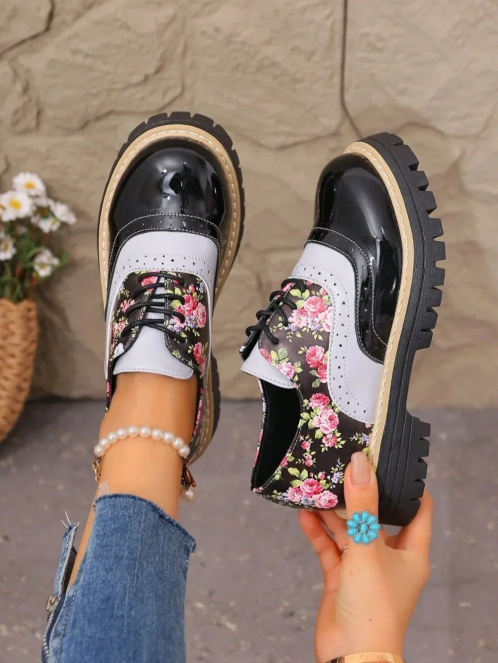 Black Preppy Women's Floral Patchwork Buckle Faux Leather Platform Penny Loafers